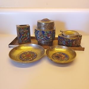 Vintage brass enamel smoking set
